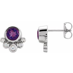 Ladies Natural Amethyst Natural Diamond Earrings — Sterling Silver