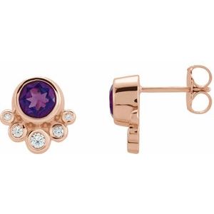 Ladies Natural Amethyst Natural Diamond Earrings — 14K Rose Gold