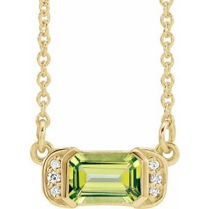 Ladies Natural Peridot Natural Diamond Bar Necklace (I1, G-H) — 14K Yellow Gold