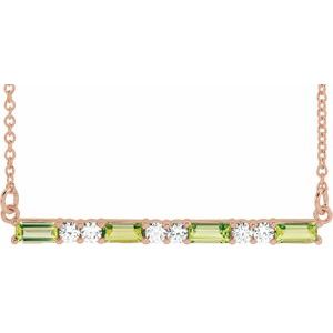 Ladies Natural Peridot Natural Diamond Bar Necklace (I1, G-H) — 14K Rose Gold