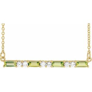 Ladies Natural Peridot Natural Diamond Bar Necklace (I1, G-H) — 14K Yellow Gold