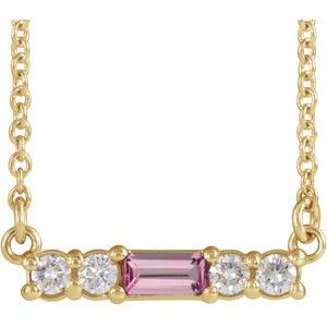 Ladies Natural Pink Tourmaline Natural Diamond Necklace (I1, G-H) — 14K Yellow Gold