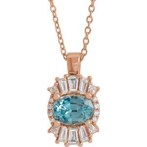 Ladies Natural Aquamarine Natural Diamond Necklace (I1, G-H, Ghi) — 14K Rose Gold