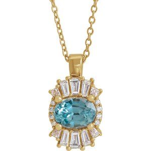 Ladies Natural Blue Zircon Natural Diamond Necklace (I1, G-H, Ghi) — 14K Yellow Gold
