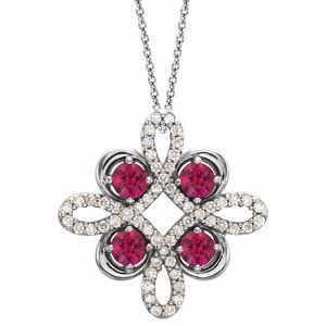 Ladies Natural Pink Tourmaline Natural Diamond Clover Necklace (I1, G-H) — 14K White Gold