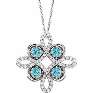 Ladies Natural Blue Zircon Natural Diamond Clover Necklace (I1, G-H) — 14K White Gold