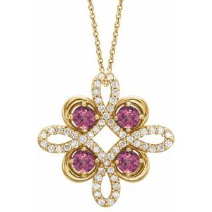 Ladies Natural Pink Tourmaline Natural Diamond Clover Necklace (I1, G-H) — 14K Yellow Gold