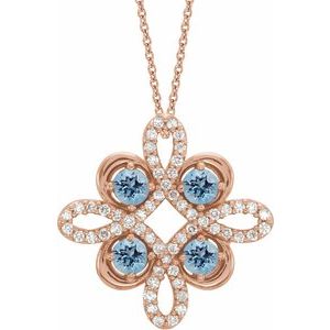 Ladies Natural Aquamarine Natural Diamond Clover Necklace (I1, G-H) — 14K Rose Gold