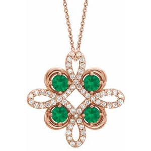 Ladies Natural Emerald Natural Diamond Clover Necklace (I1, G-H) — 14K Rose Gold