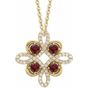 Ladies Natural Mozambique Garnet Natural Diamond Clover Necklace (I1, G-H) — 14K Yellow Gold