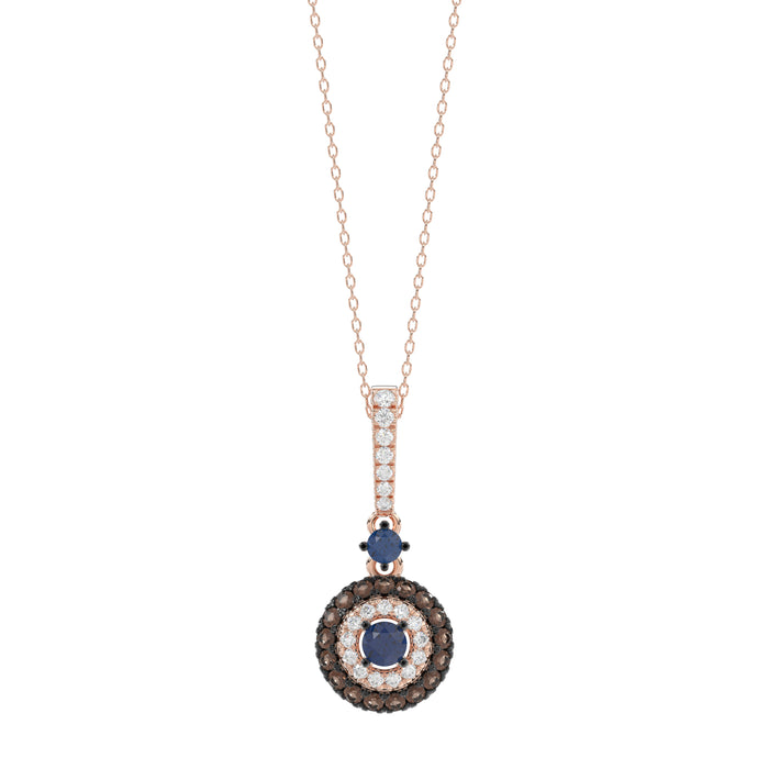 Luxury 14K Rose Gold Ladies Pendant With Chain Featuring Blue And Dark Brown & Round Diamonds. 0.50 Ct Elegant Jewelry Piece Perfect For Gifting.