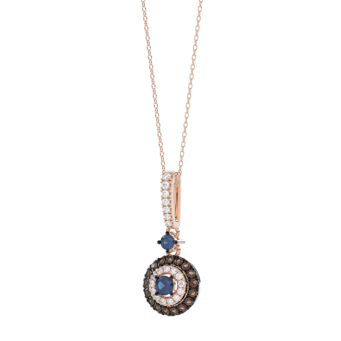 Luxury 14K Rose Gold Ladies Pendant With Chain Featuring Blue And Dark Brown & Round Diamonds. 0.50 Ct Elegant Jewelry Piece Perfect For Gifting.
