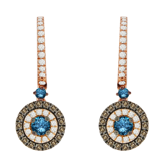LADIES EARRINGS 1.00CT BLUE SAPPHIRE ROUND/DARK BROWN DIAMOND 14K ROSE GOLD