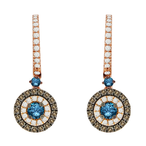 LADIES EARRINGS 1.00CT BLUE SAPPHIRE ROUND/DARK BROWN DIAMOND 14K ROSE GOLD