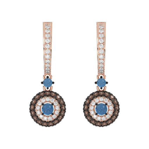 Beautiful 14K Rose Gold Ladies Hoop Earrings Featuring Multi-Color Diamonds In Blue And Dark Brown Shades.1.00 Ct Elegant Jewelry Design.