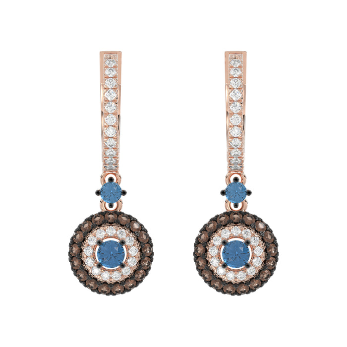 Beautiful 14K Rose Gold Ladies Hoop Earrings Featuring Multi-Color Diamonds In Blue And Dark Brown Shades.1.00 Ct Elegant Jewelry Design.