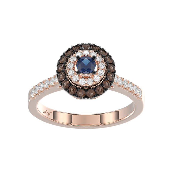 Elegant 14K Rose Gold Fashion Ring Featuring 0.55 Ct Round Diamonds In Blue And Dark Brown Tones. A Bold And Modern Fine Jewelry Piece For Women.
