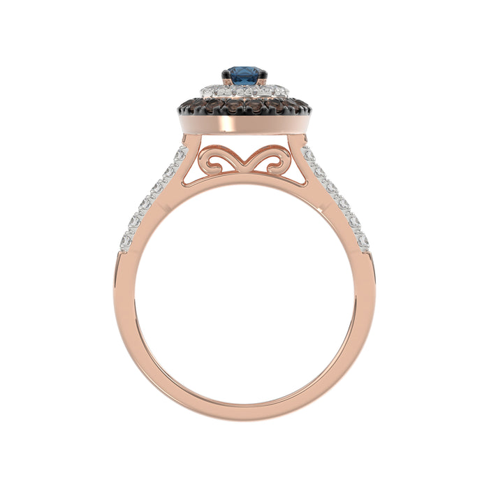 LADIES RING 0.55CT ROUND/ROUND BLUE/DARK BROWN DIAMOND 14K ROSE GOLD