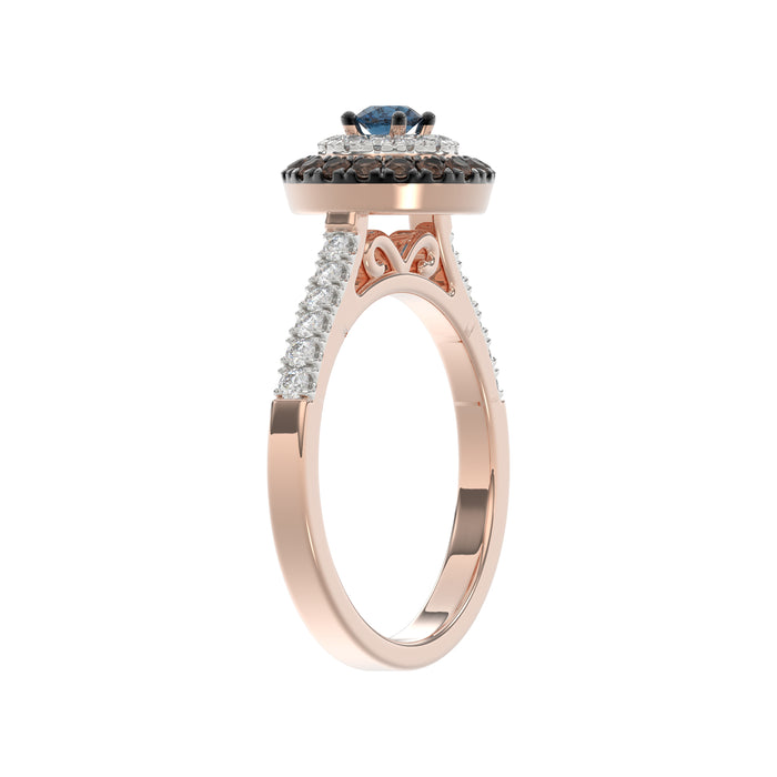 LADIES RING 0.55CT ROUND/ROUND BLUE/DARK BROWN DIAMOND 14K ROSE GOLD