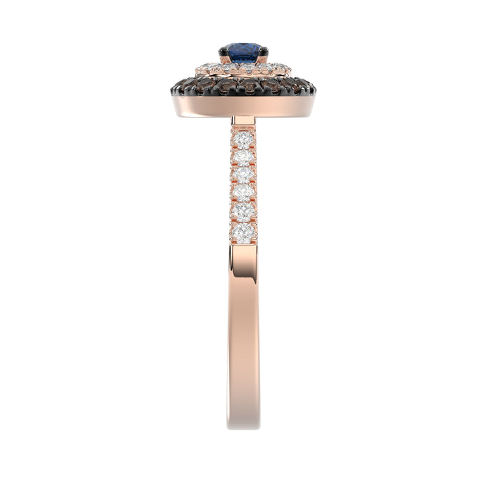 Elegant 14K Rose Gold Fashion Ring Featuring 0.55 Ct Round Diamonds In Blue And Dark Brown Tones. A Bold And Modern Fine Jewelry Piece For Women.
