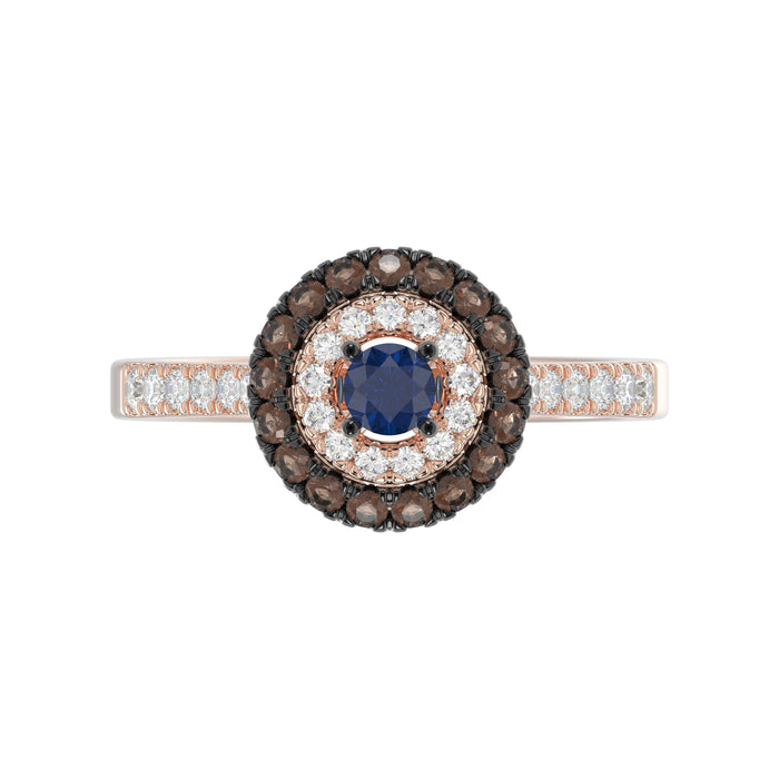 Elegant 14K Rose Gold Fashion Ring Featuring 0.55 Ct Round Diamonds In Blue And Dark Brown Tones. A Bold And Modern Fine Jewelry Piece For Women.