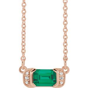 Ladies Natural Emerald Natural Diamond Bar Necklace (I1, G-H) — 14K Rose Gold