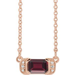 Ladies Natural Mozambique Garnet Natural Diamond Bar Necklace (I1, G-H) — 14K Rose Gold