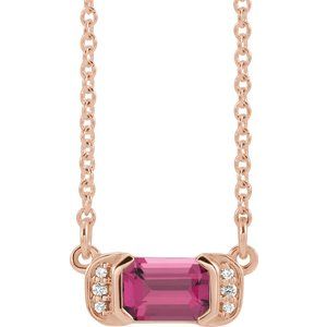 Ladies Natural Pink Tourmaline Natural Diamond Bar Necklace (I1, G-H) — 14K Rose Gold