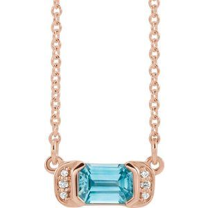Ladies Natural Blue Zircon Natural Diamond Bar Necklace (I1, G-H) — 14K Rose Gold