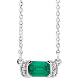 Ladies Natural Emerald Natural Diamond Bar Necklace (I1, G-H) — Sterling Silver