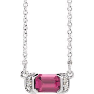 Ladies Natural Pink Tourmaline Natural Diamond Bar Necklace (I1, G-H) — Sterling Silver