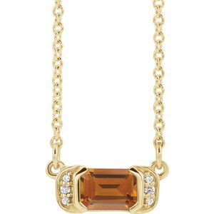 Ladies Natural Citrine Natural Diamond Bar Necklace (I1, G-H) — 14K Yellow Gold