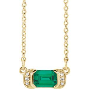 Ladies Natural Emerald Natural Diamond Bar Necklace (I1, G-H) — 14K Yellow Gold