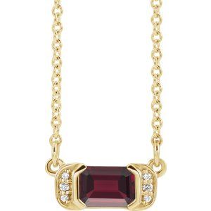 Ladies Natural Mozambique Garnet Natural Diamond Bar Necklace (I1, G-H) — 14K Yellow Gold