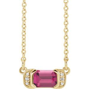 Ladies Natural Pink Tourmaline Natural Diamond Bar Necklace (I1, G-H) — 14K Yellow Gold