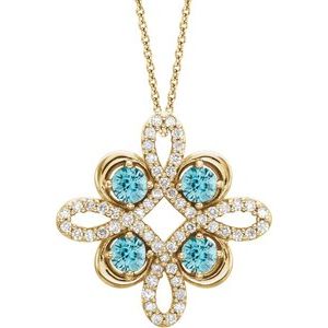Ladies Natural Blue Zircon Natural Diamond Clover Necklace (I1, G-H) — 14K Yellow Gold