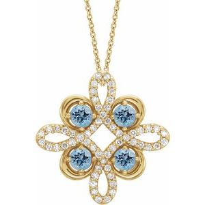 Ladies Natural Aquamarine Natural Diamond Clover Necklace (I1, G-H) — 14K Yellow Gold