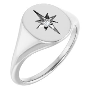 Ladies 11x10 mm Oval Natural Diamond Starburst Signet Ring — Platinum
