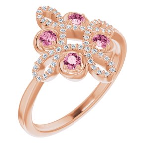 Ladies Natural Pink Tourmaline Natural Diamond Semi-Set Clover Ring (I1, G-H) — 14K Rose Gold