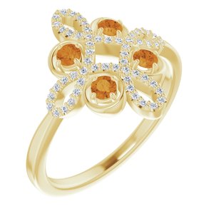 Ladies Natural Citrine Natural Diamond Semi-Set Clover Ring (I1, G-H) — 14K Yellow Gold