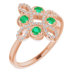 Ladies Natural Emerald Natural Diamond Semi-Set Clover Ring (I1, G-H) — 14K Rose Gold