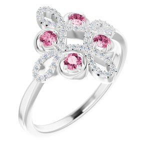 Ladies Natural Pink Tourmaline Natural Diamond Semi-Set Clover Ring (I1, G-H) — 14K White Gold