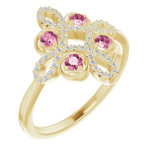 Ladies Natural Pink Tourmaline Natural Diamond Semi-Set Clover Ring (I1, G-H) — 14K Yellow Gold