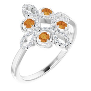 Ladies Natural Citrine Natural Diamond Semi-Set Clover Ring (I1, G-H) — 14K White Gold