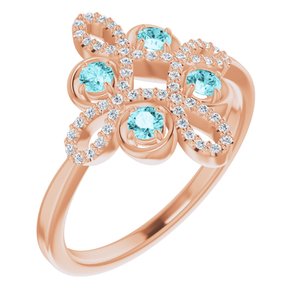 Ladies Natural Blue Zircon Natural Diamond Semi-Set Clover Ring (I1, G-H) — 14K Rose Gold