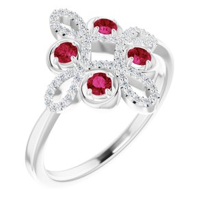 Ladies Natural Ruby Natural Diamond Semi-Set Clover Ring (I1, G-H) — 14K White Gold