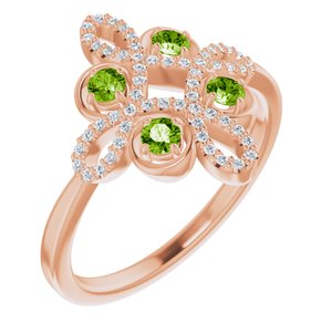 Ladies Natural Peridot Natural Diamond Semi-Set Clover Ring (I1, G-H) — 14K Rose Gold