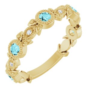 Ladies Natural Blue Zircon Natural Diamond Leaf Ring (I1, G-H) — 14K Yellow Gold