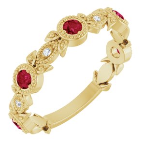 Ladies Natural Ruby Natural Diamond Leaf Ring (I1, G-H) — 14K Yellow Gold