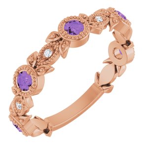 Ladies Natural Amethyst Natural Diamond Leaf Ring (I1, G-H) — 14K Rose Gold